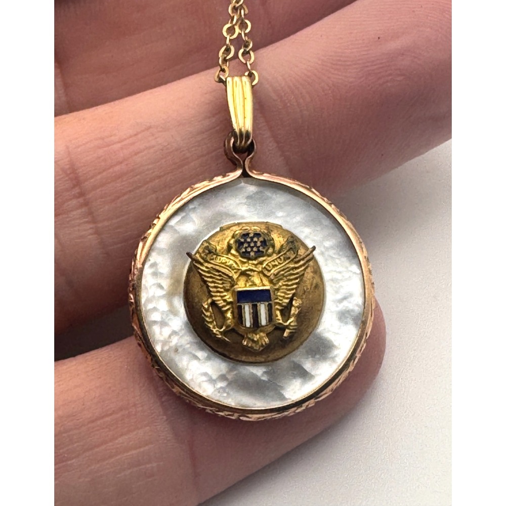 Vintage Sweetheart Locket Necklace WWII US Army Mother of Pearl Gold Filled
